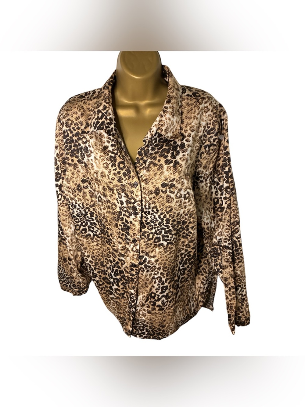Westbound Woman Leopard Print Button Front Blouse Collared Long Sleeve 2X